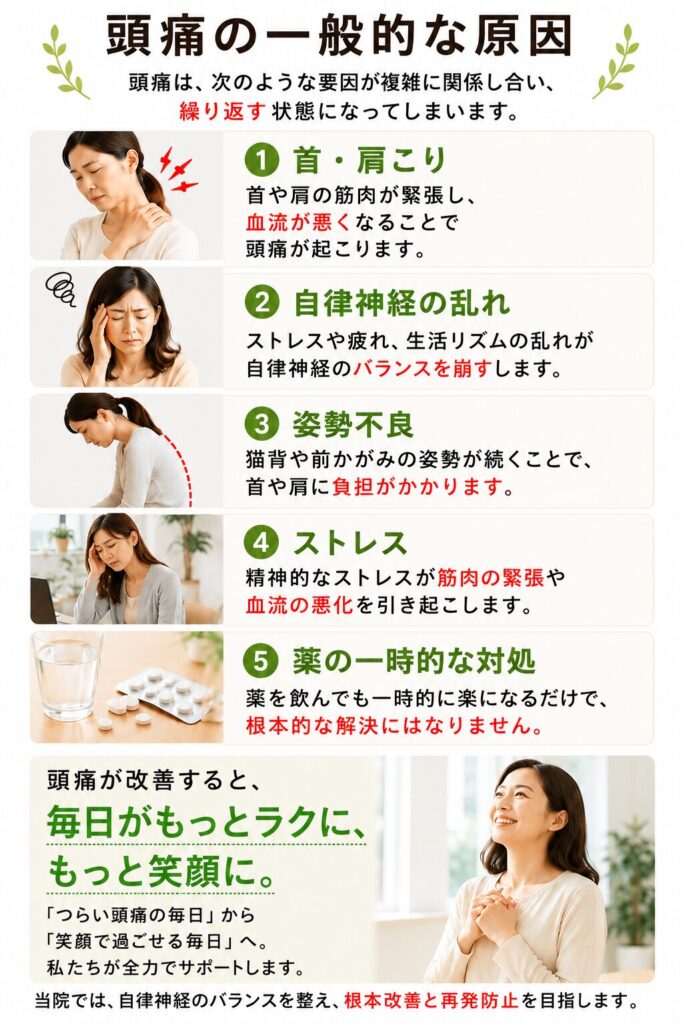 頭痛の原因として、首・肩こり、自律神経の乱れ、姿勢不良、ストレス、薬への依存などを解説し、根本改善を目指す整体施術を紹介する画像
